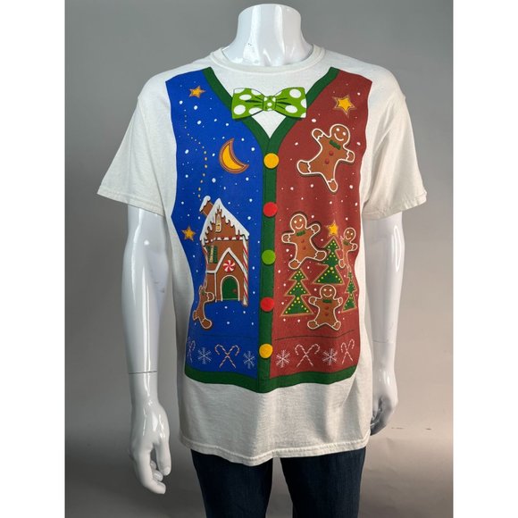 Christmas Holiday Gildan Faux Vest Gingerbread TShirt Large White Cotton - Picture 14 of 16